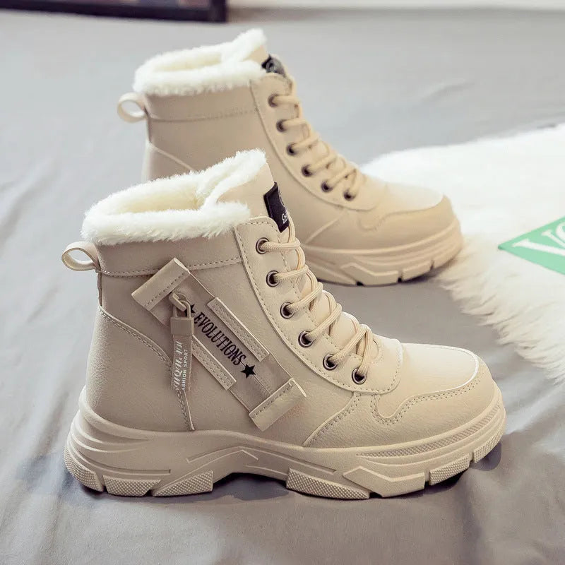 Plus size women's lace-up snow boots with fleece lining and a rubber sole.