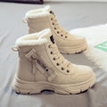 Plus size women's lace-up snow boots with fleece lining and a rubber sole.