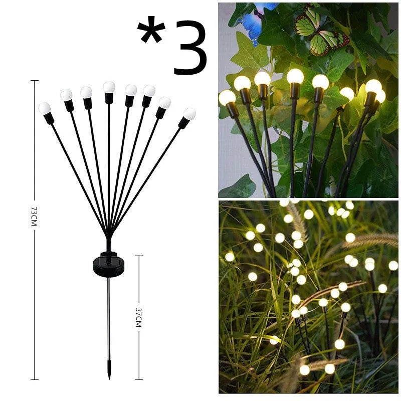 Solar-powered LED firefly ground lamp with multiple light heads for garden pathway illumination