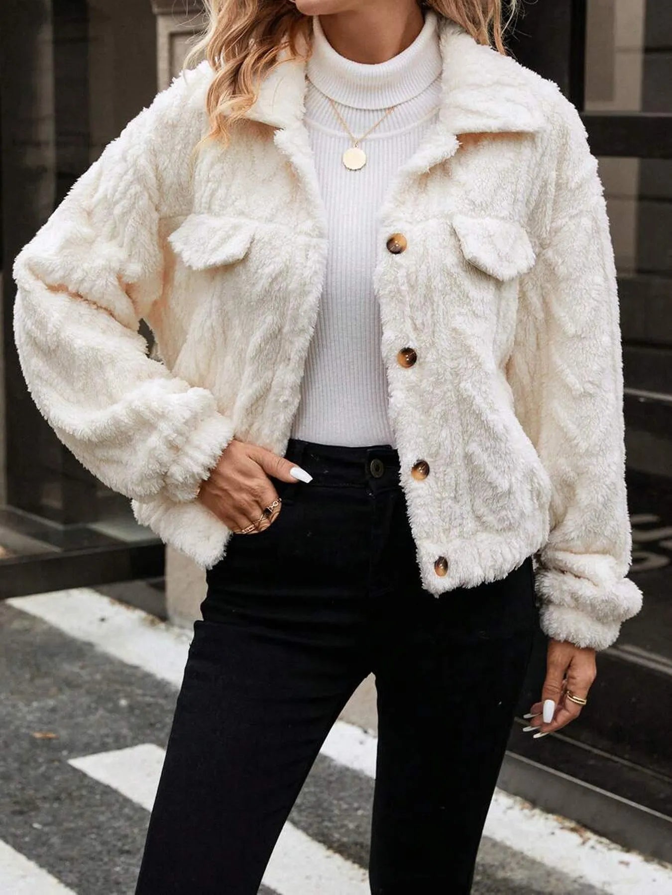 Women's ivory white double-sided plush button cardigan with long sleeves