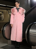 Women's pink plush faux fur long coat with fur collar, full-length 80cm design