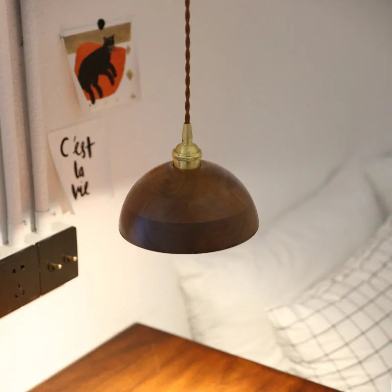 Black walnut single-head droplight chandelier with copper wood art construction and E27 lamp holder