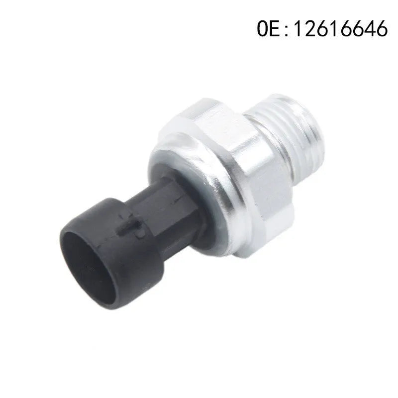 Silver metal fuel pressure sensor for automotive use, compatible with GM models.