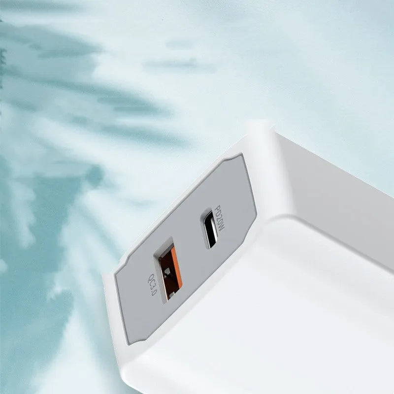 White universal phone fast charger set with European standard cable and compact dimensions