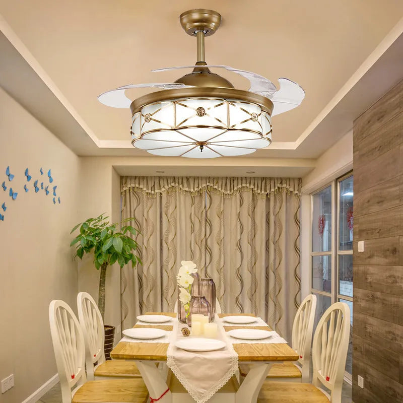 Gold 42-inch ceiling fan light with invisible blades and remote control on a white background