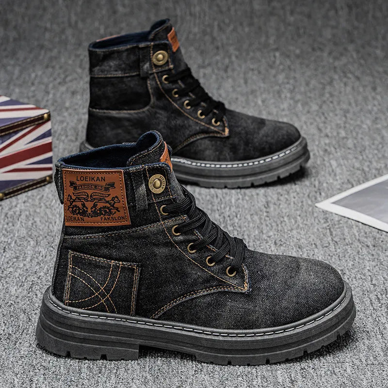 Plus size men's mid-top canvas Martin boots in black with round toe and PVC sole