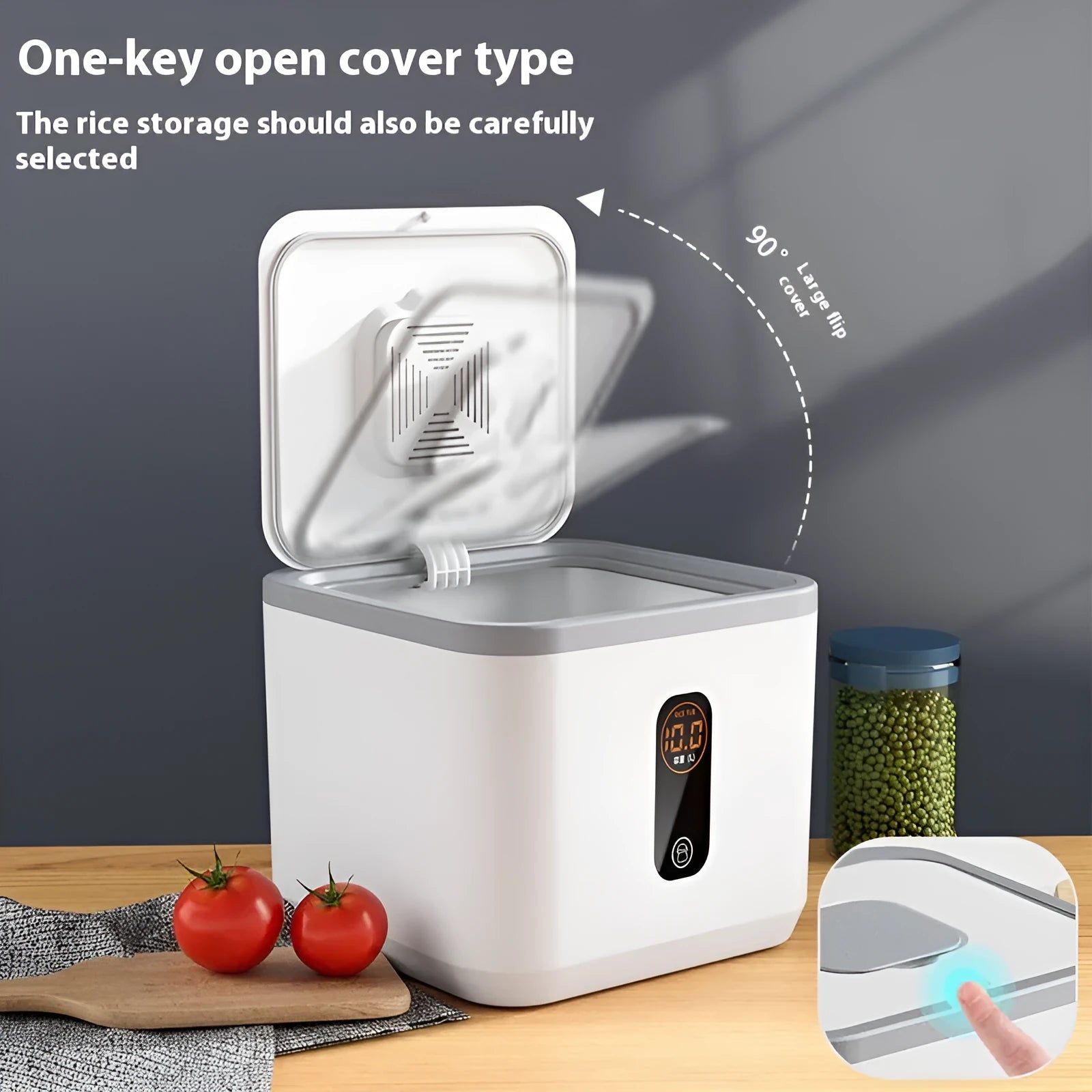 Grey plastic rice storage jar with a sealed lid and a measuring cup, shown in different sizes.
