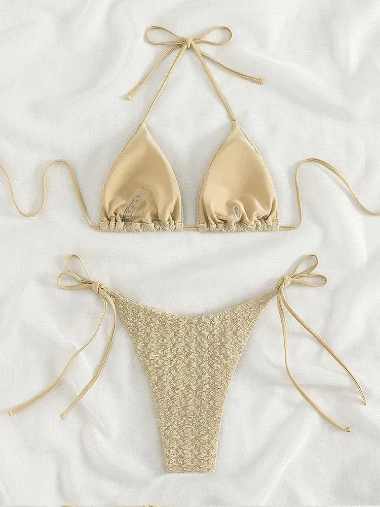 Women's high waist bikini swimsuit with lace-up sides in khaki, blue, pink, or black.