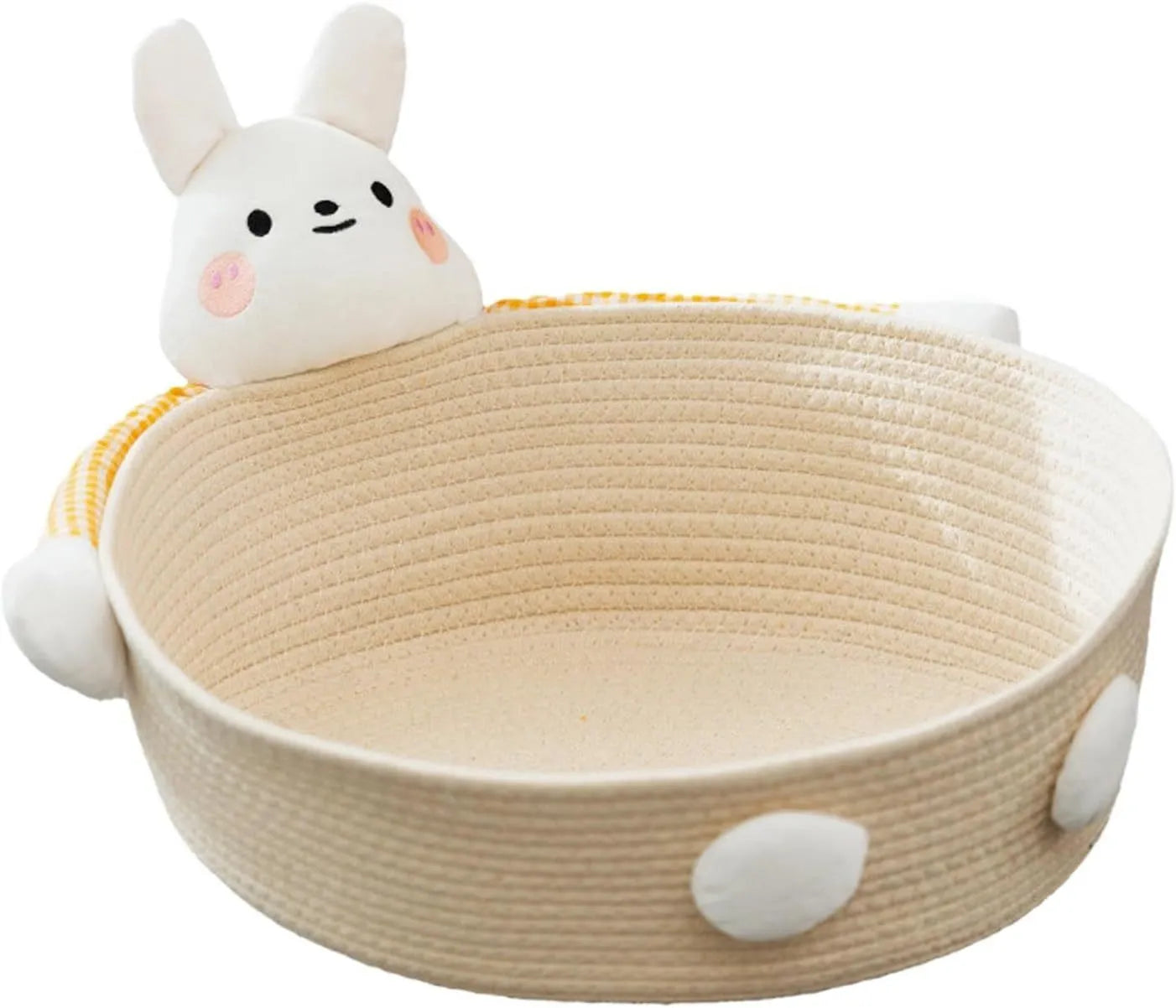 Woven cotton rope cat bed basket with integrated scratch pad, shown in three sizes.