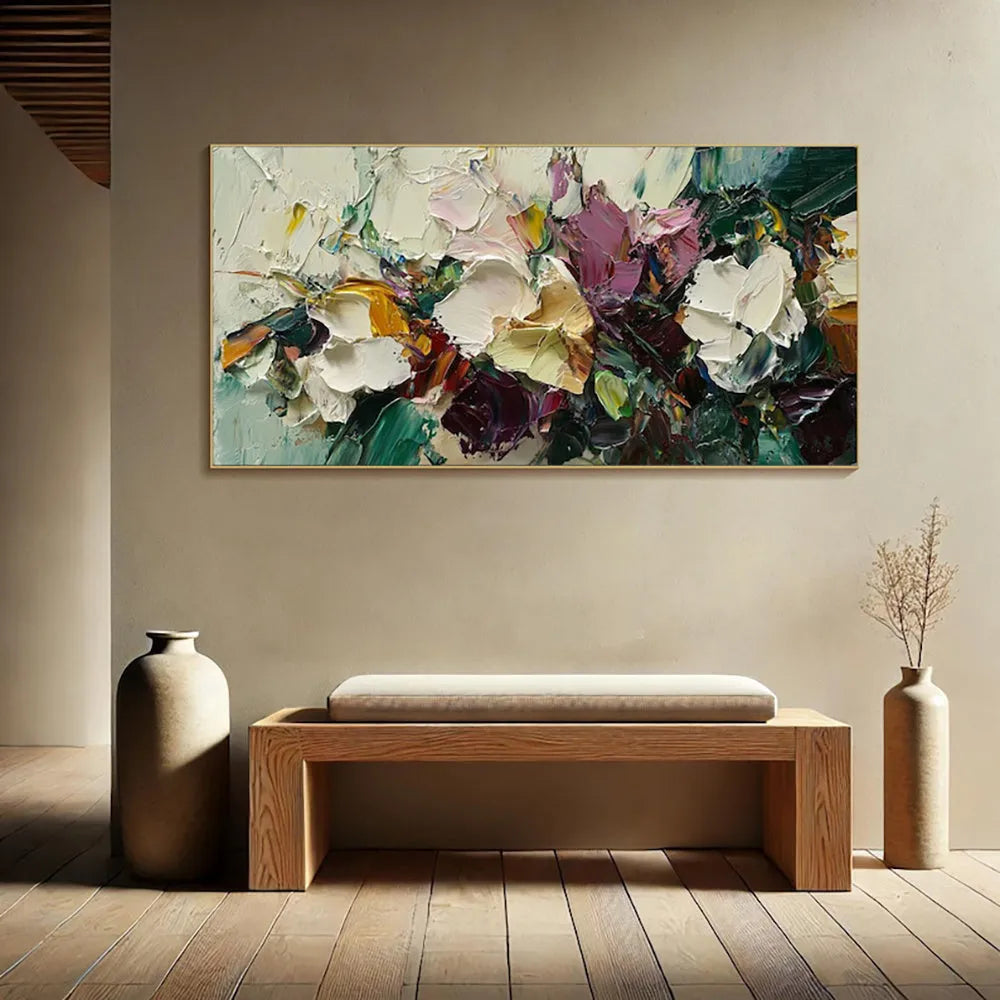 Hand-painted flowers oil painting on canvas, unframed horizontal wall art for home decor