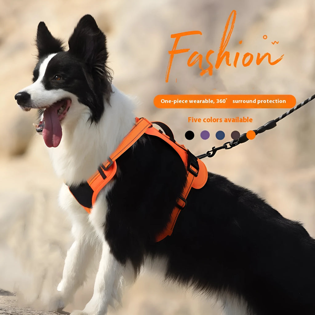 Orange dog harness vest with reflective strips, detachable hand-holding rope, and explosion-proof buckle closure