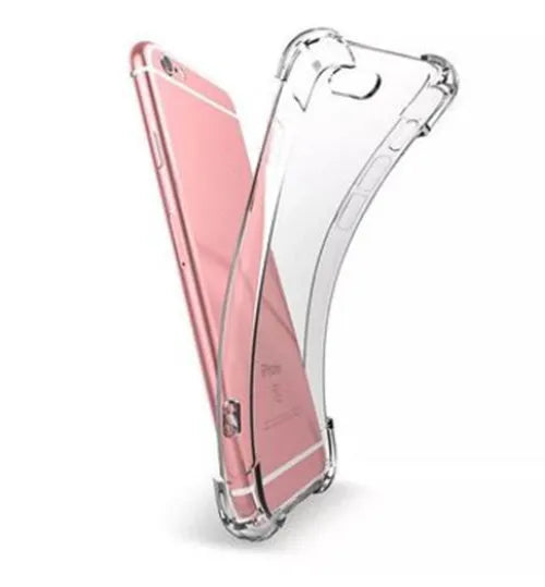 Clear transparent shockproof TPU case for iPhone models on a table.