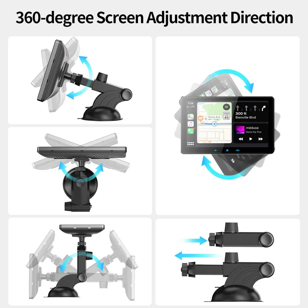 7-inch universal wireless CarPlay display screen with suction cup mount and cigarette lighter power cable.