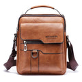 Men's retro messenger bag in black PU leather with flap closure and one-shoulder strap, displayed on a solid background