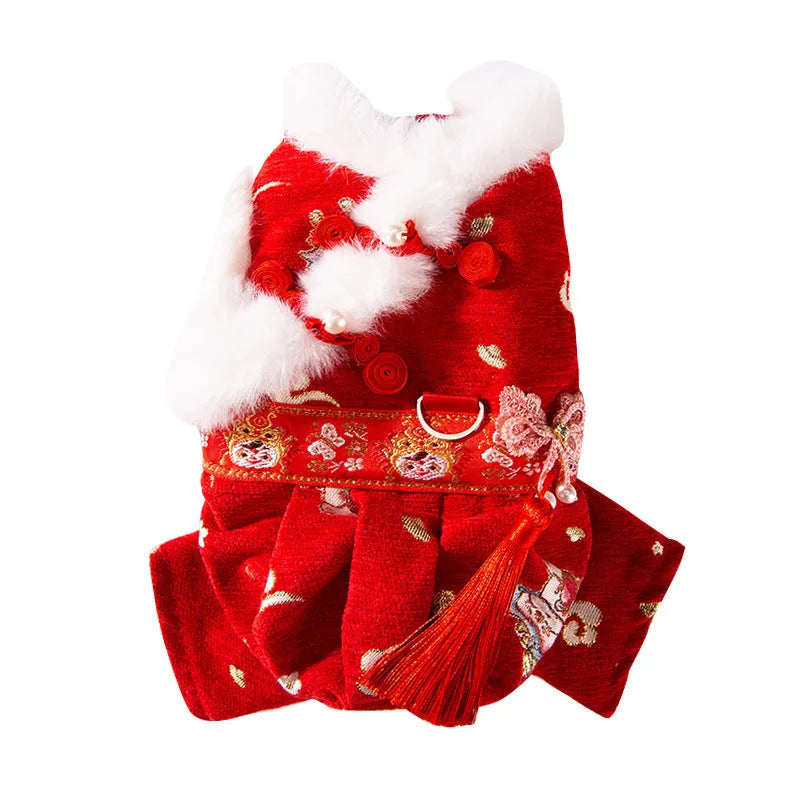 Red embroidered Tang suit for small dog with faux fur trim and tassels