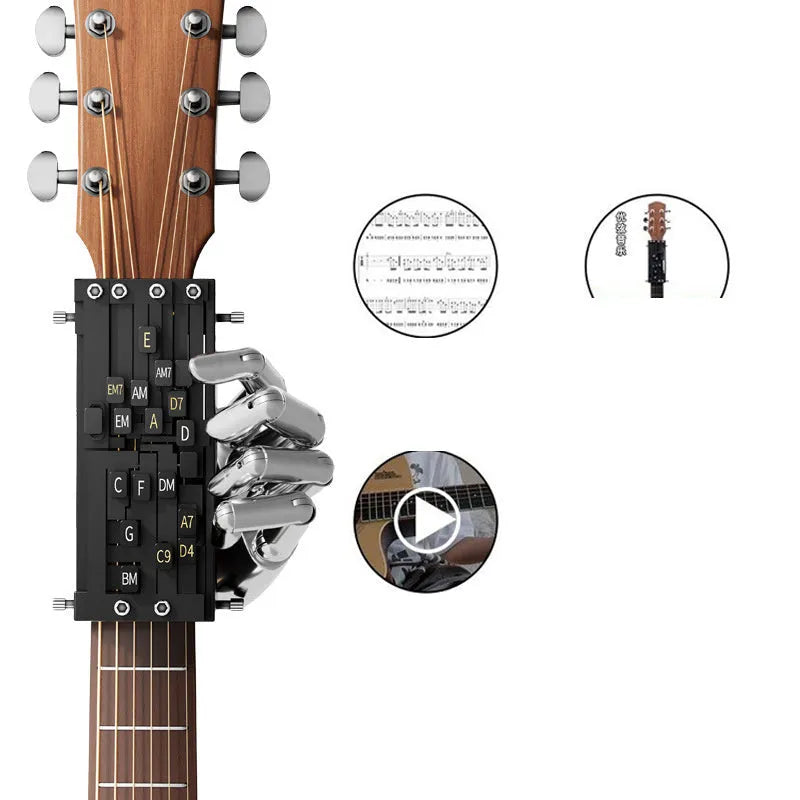 Black automatic chord changer device for folk guitar with 2024 double chord mechanism.
