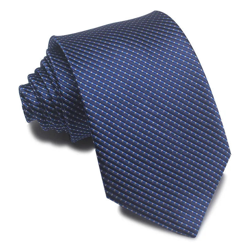 Men's striped jacquard business tie in red, showing arrow head shape and 8cm width.