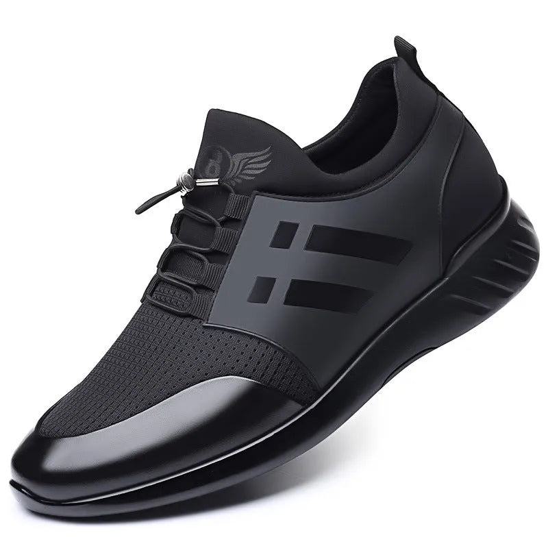 Men's black casual shoes with a low-top round toe design, available in leather or Lycra, featuring an internal height-increasing chunky heel.