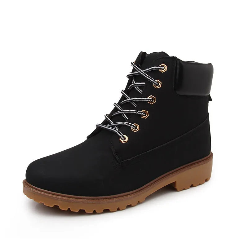 Pink men's high-top Martin boots with velvet lining, round toe, and flat sole on a white background.