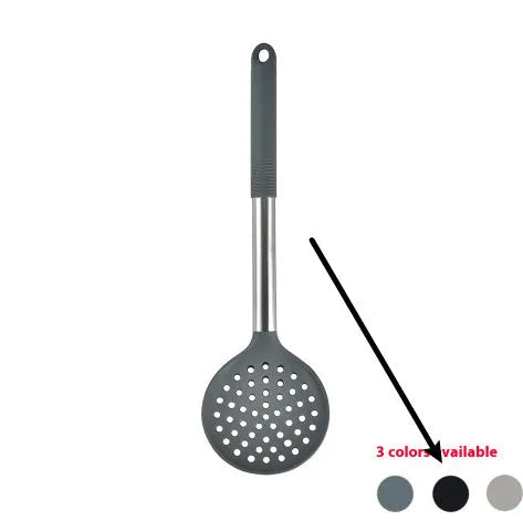 Black silicone kitchen utensil set with 12 tools stored in a rotating plastic storage bucket on a worktop.