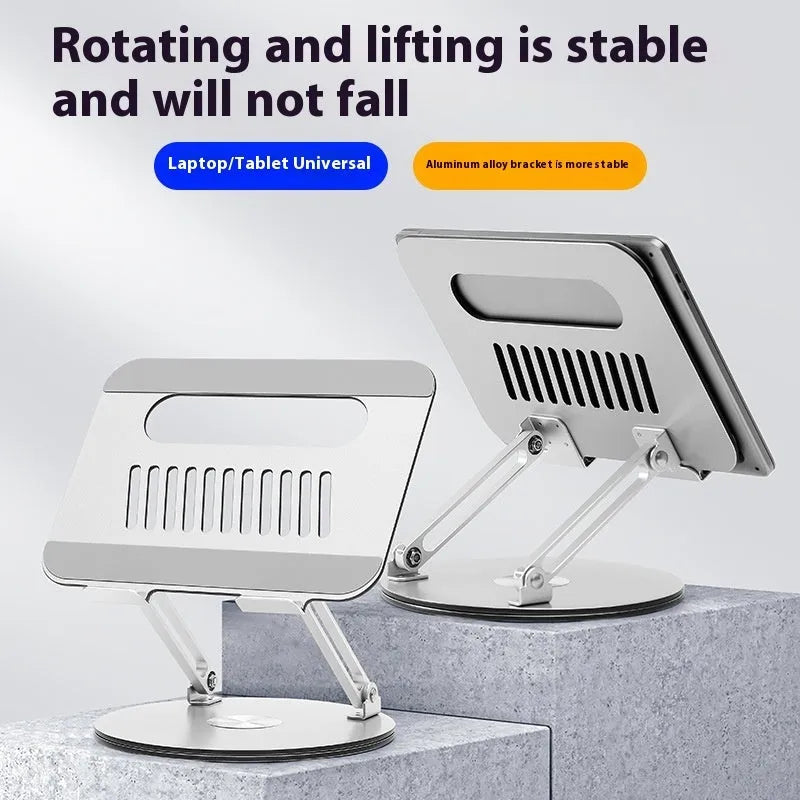 Silver aluminium laptop stand folded flat showing rotatable mechanism