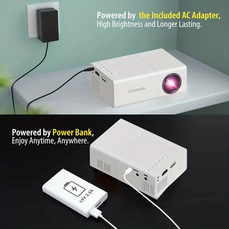 White and black portable M100 LED mini projector showing remote control and cables for 100-inch home projection.