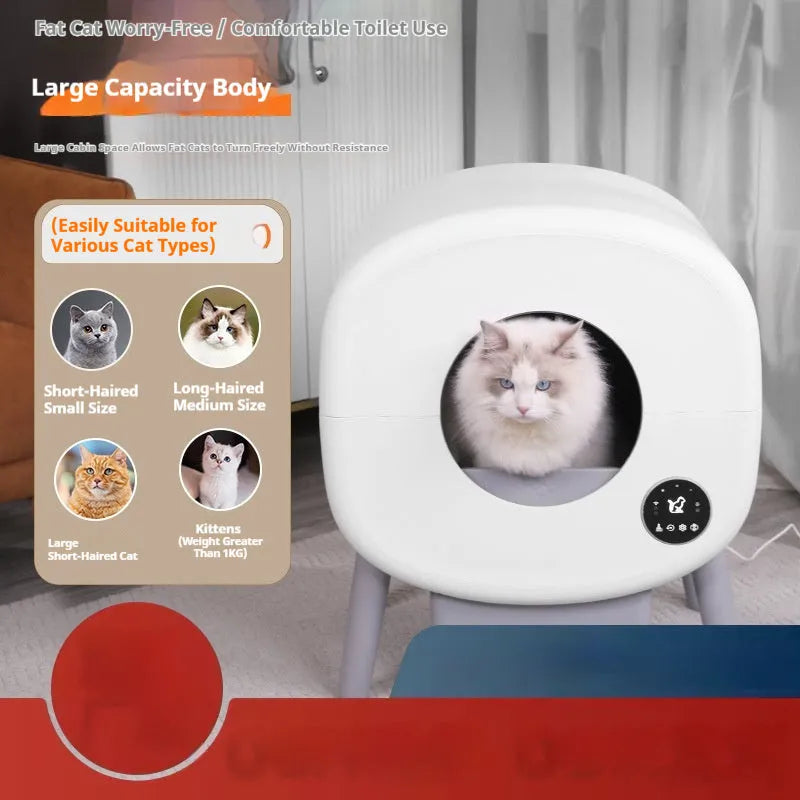 Automatic self-cleaning white cat litter box with large interior and sealed waste drawer compartment.