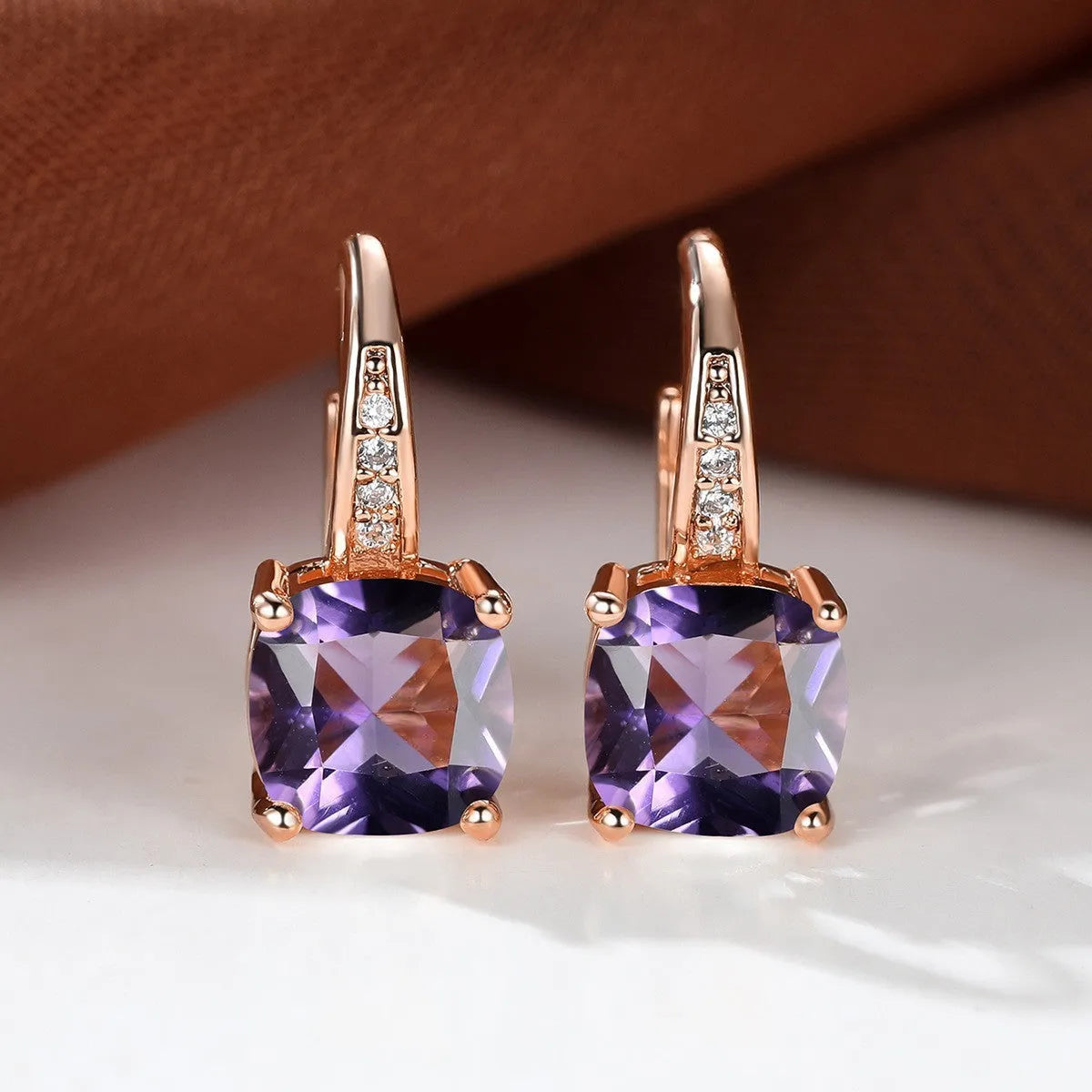 Square geometric ear hooks with round zircon inlays in gold, platinum, or rose gold finish