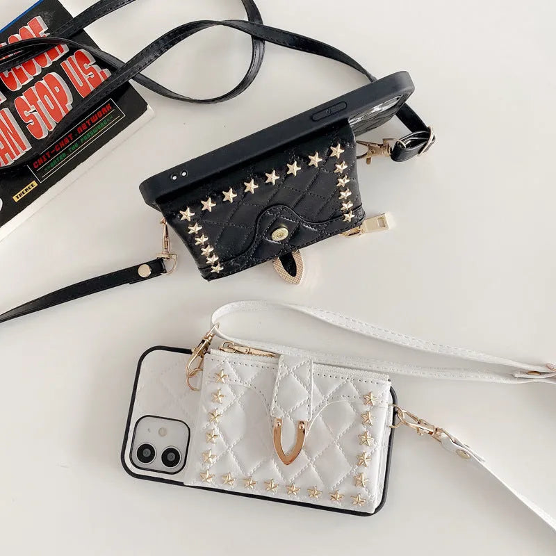 Flip messenger card wallet phone case in imitation leather for iPhone, shown in red, white, pink, and black