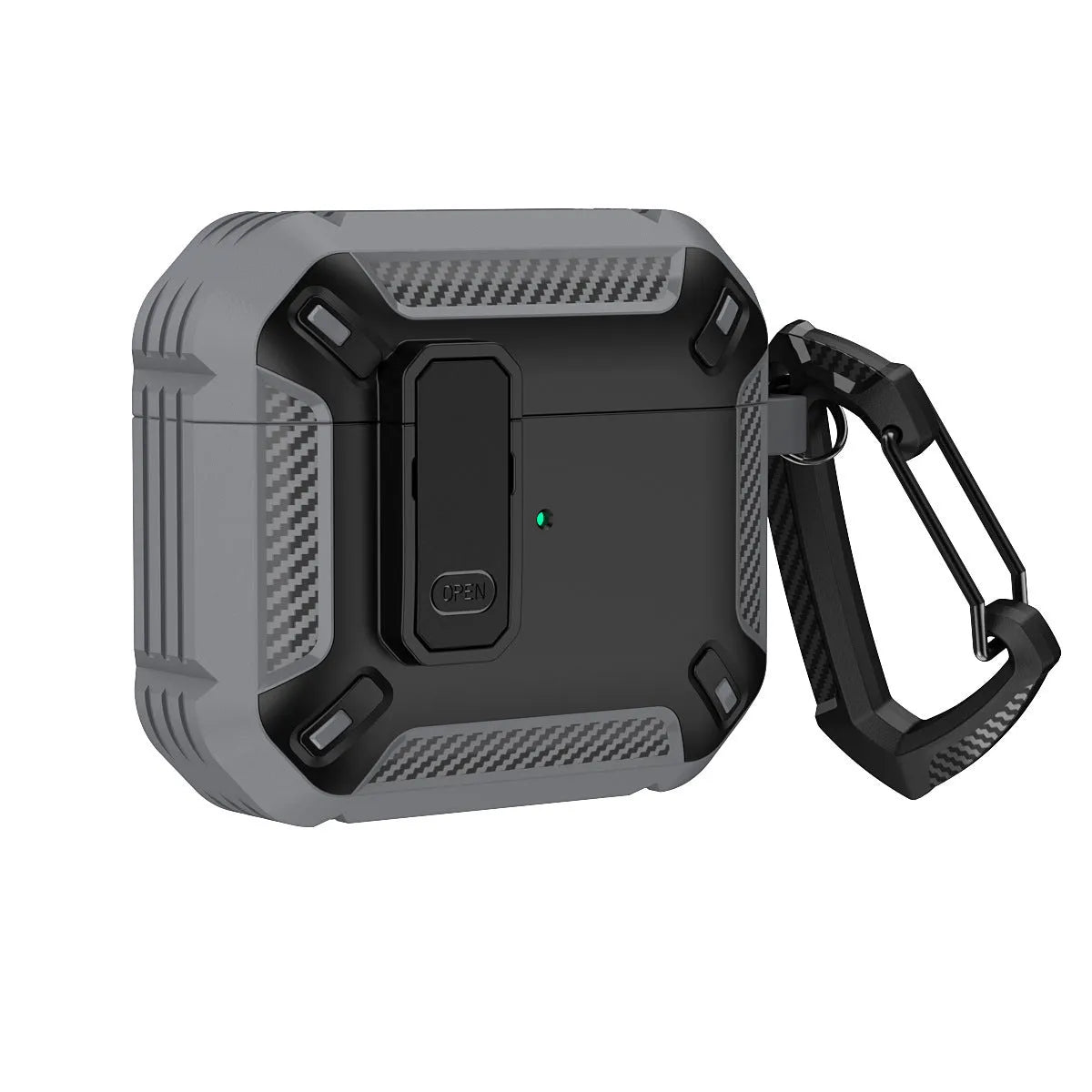 Two-tone plastic clamshell protective case for Apple AirPods with a metal carry hook attached.