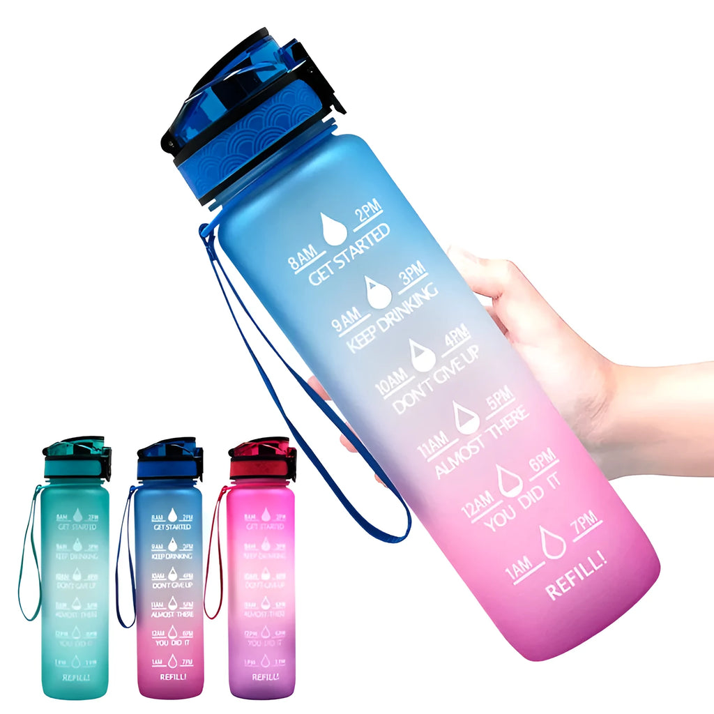 1000ml food-grade plastic sports water bottle, 29.5cm tall, in gradient blue-green colour.