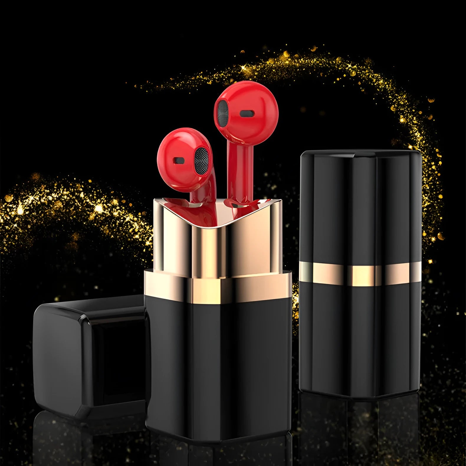 Fashion lipstick-shaped wireless Bluetooth earphones in black, pink, purple, and white colours with charging case
