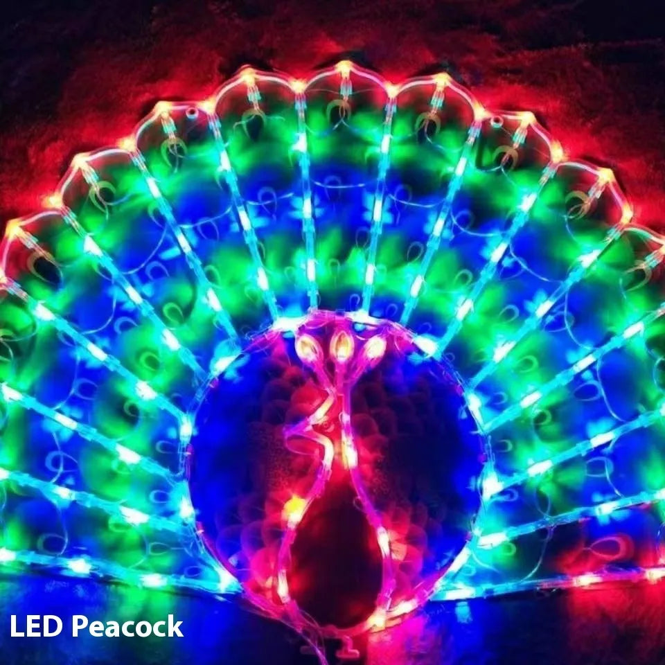 Outdoor decorative string lights with peacock, love heart, sunflower, and star shapes in colourful plastic shells