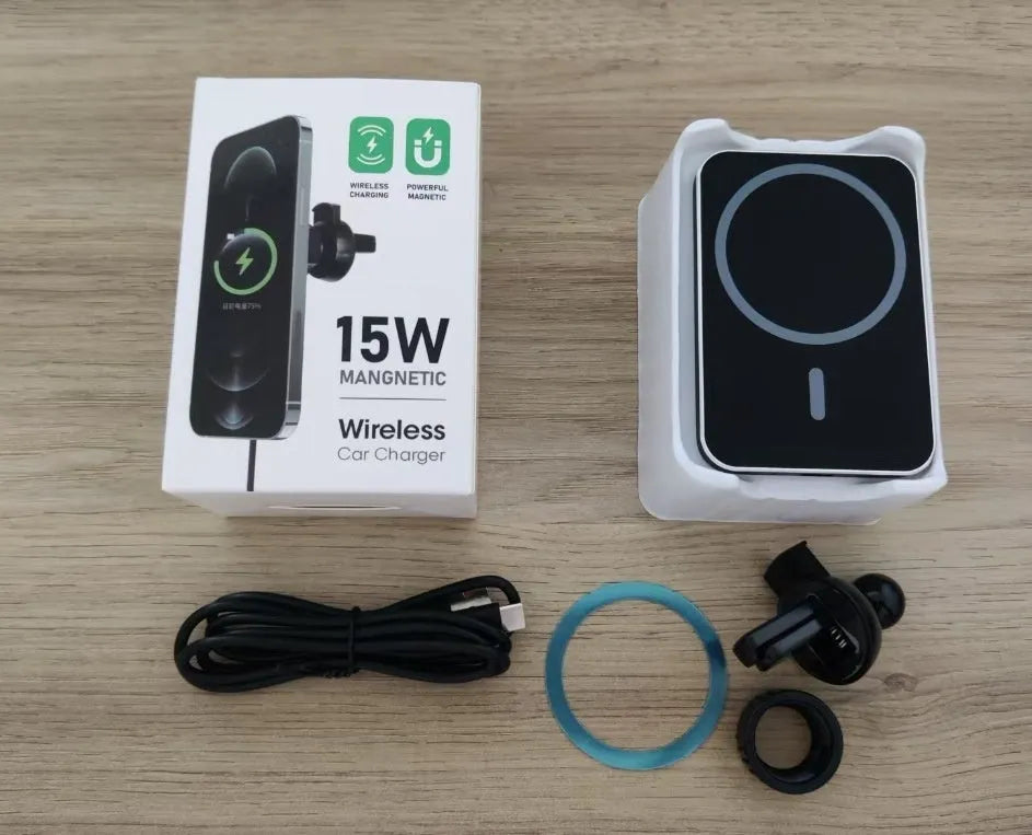 Magnetic car wireless charger mobile phone holder in black X-16 attached to a car vent bracket