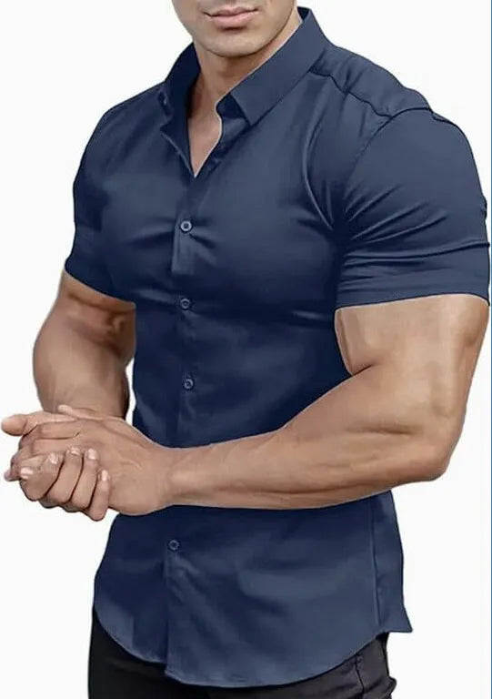 Men's short sleeve printed casual shirt with collar in cardigan style showing colour options