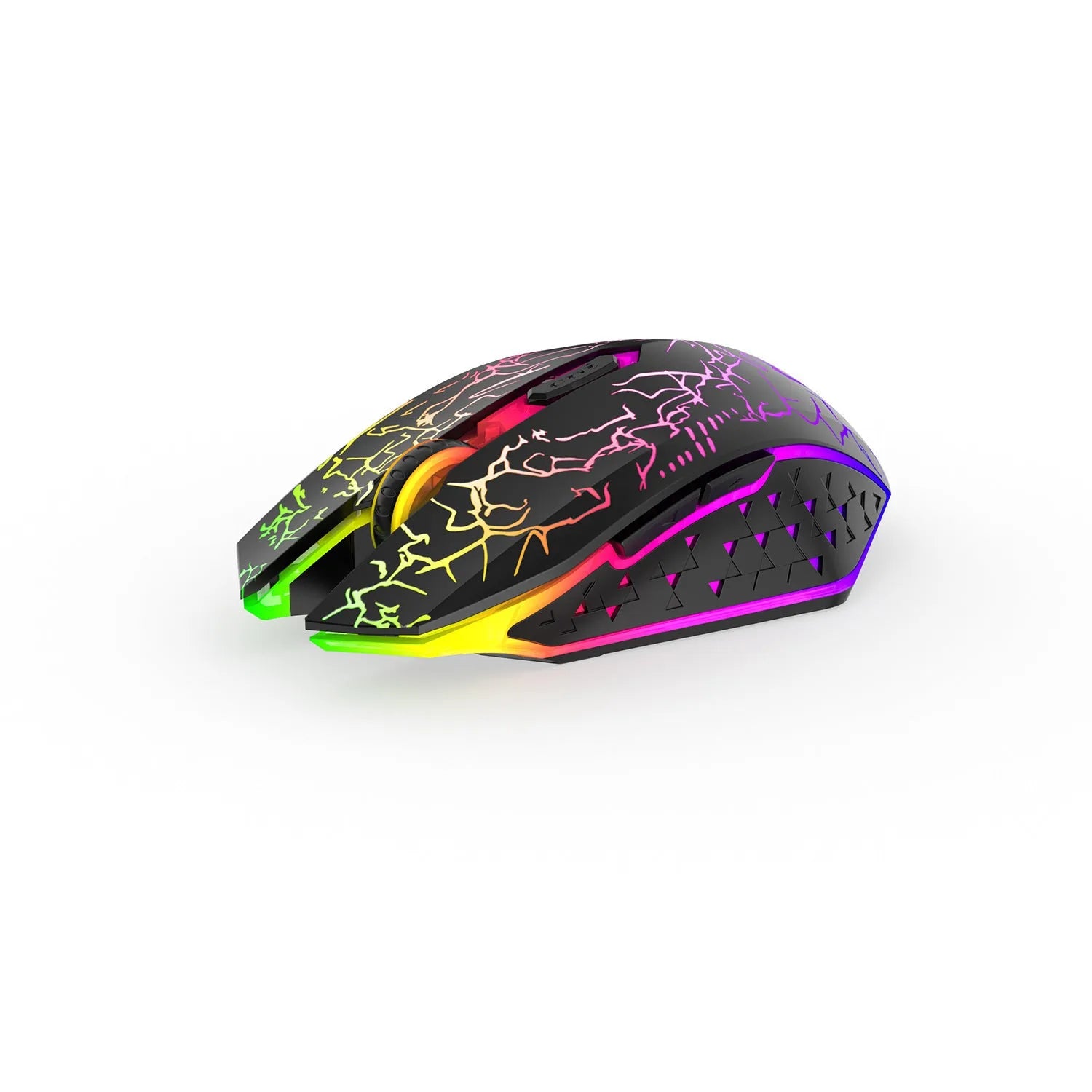 Black and white dual-mode 2.4G Bluetooth rechargeable gaming mouse with breathing light on a desktop.