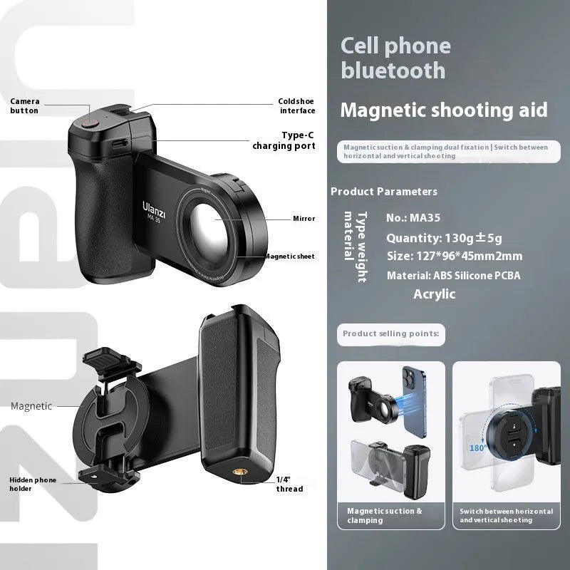 Portable MagSafe magnetic Bluetooth camera grip with fill light, 127x96x45mm, ABS silicone PCBA acrylic