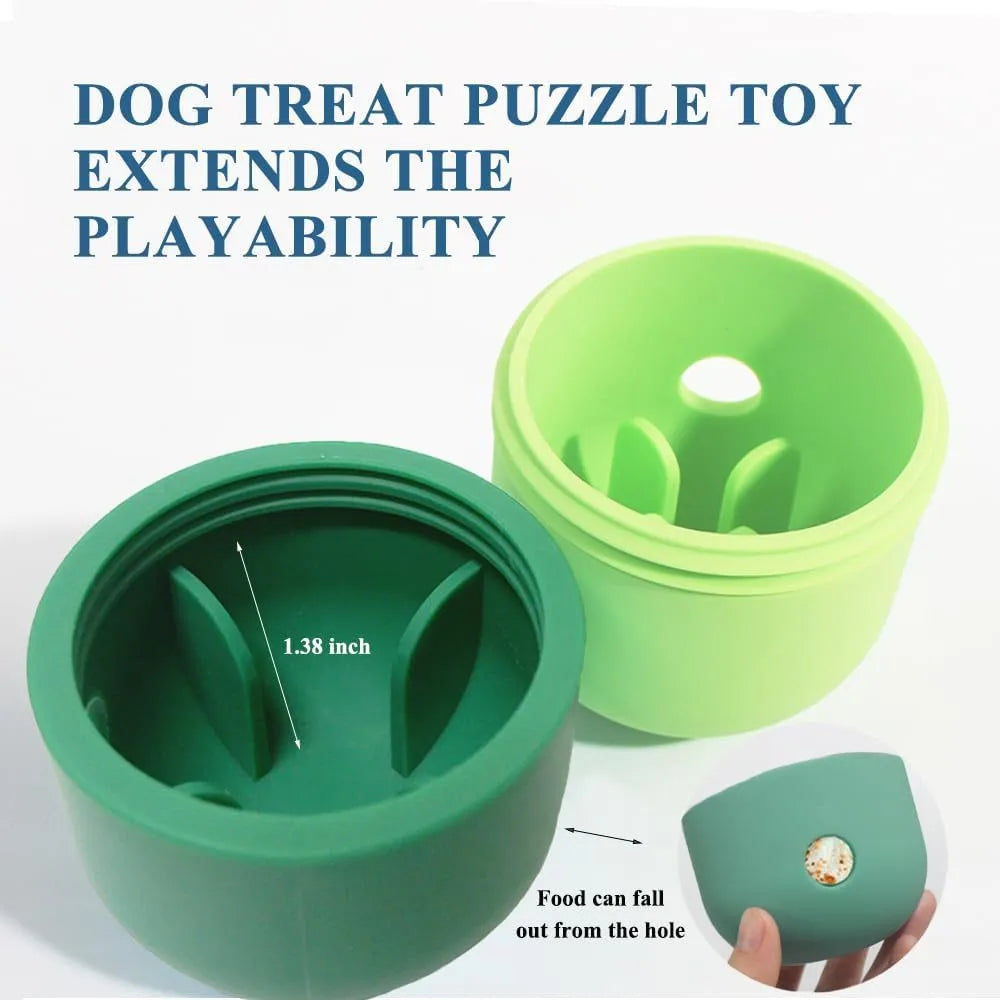 White and blue silicone dog treat puzzle ball toy on a wooden floor.