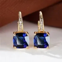 Square geometric ear hooks with round zircon inlays in gold, platinum, or rose gold finish