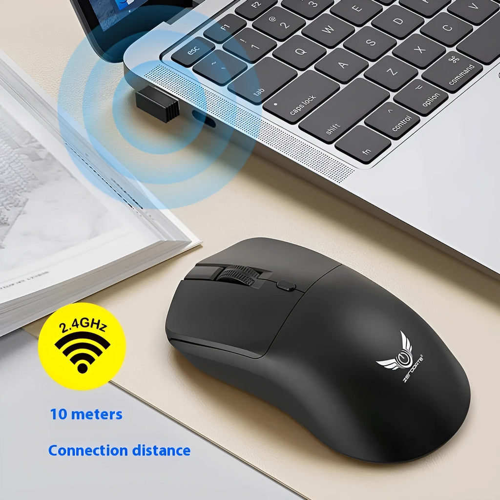 Black wireless computer mouse with three DPI settings and audio control buttons