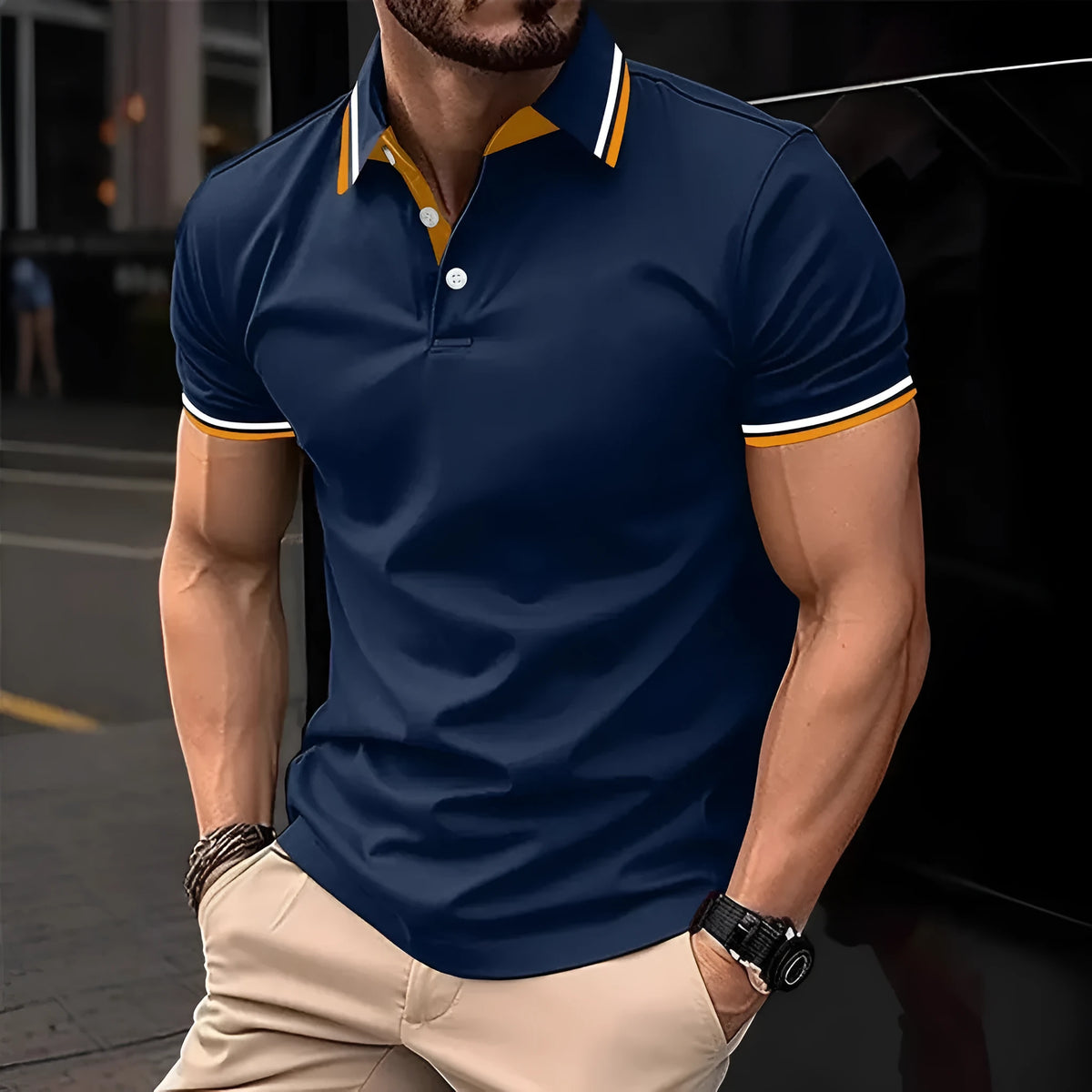 Men's slim-fit ribbed striped lapel button T-shirt top in thin polyester, summer casual style, sizes S-5XL.