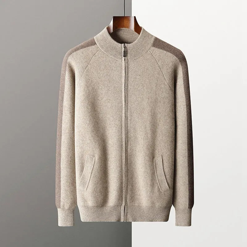Men's cashmere wool blend cardigan suit with half-turtleneck zip jacket and matching trousers in winter colours