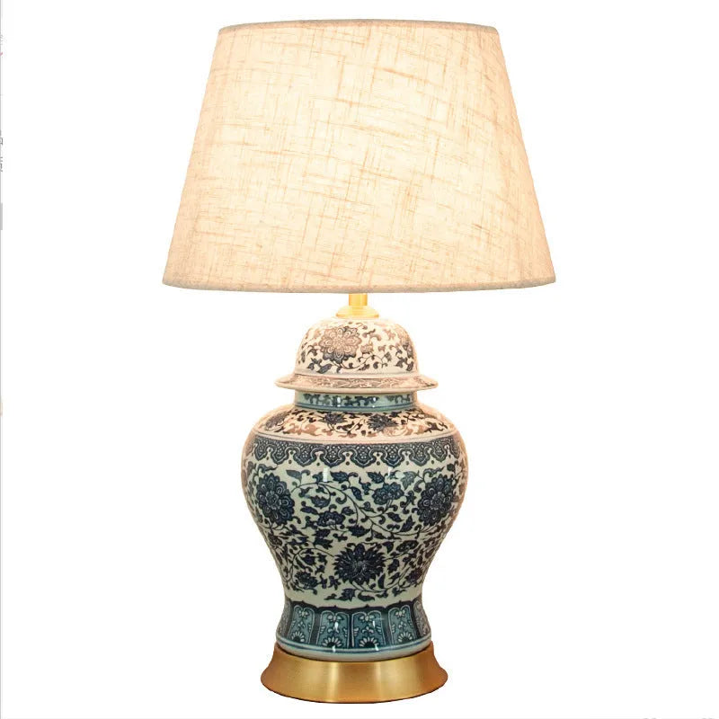 Blue and white Chinese porcelain table lamp with handmade ceramic base and fabric shade