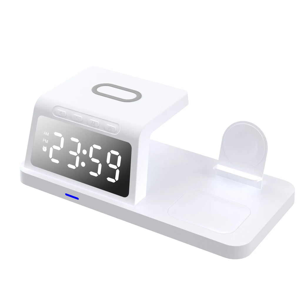 Four-in-one clock wireless charger in white with Type-C input, showing clock display and charging pad
