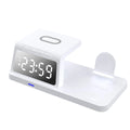 Four-in-one clock wireless charger in white with Type-C input, showing clock display and charging pad