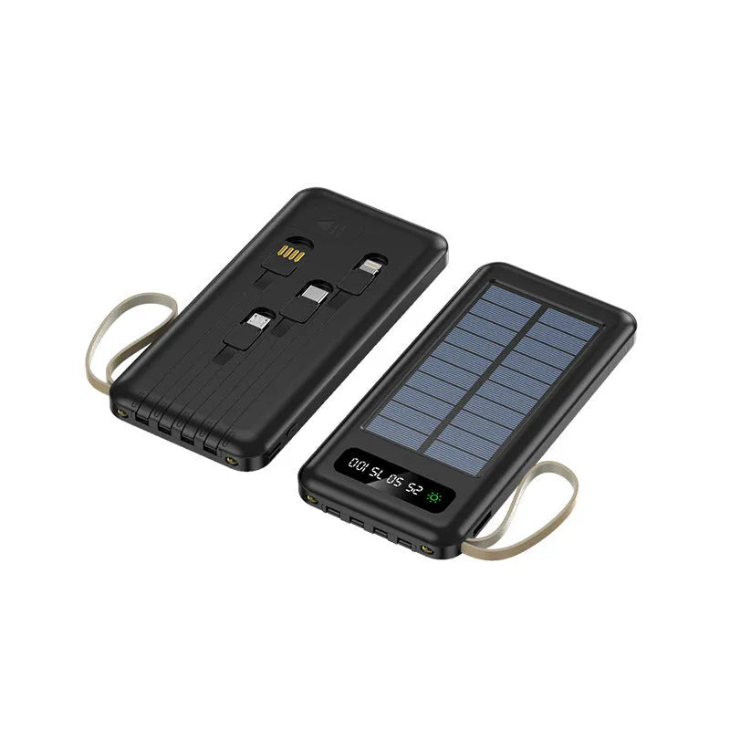 Solar Super Capacity Power Bank in black or white, showing compact size and integrated solar panel on front.