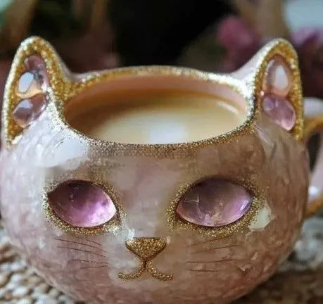 Purple geode mug with crystal cat design and colourful resin interior on a wooden surface.