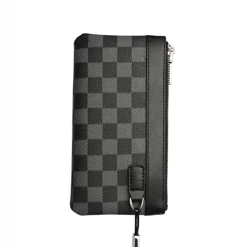 Black plaid textured men's leather clutch wallet showing front view.