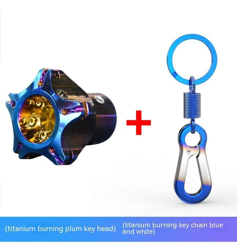 Motorcycle key head cover in T6 aluminium alloy showing hexagonal, pentagram, and plum blossom design options.