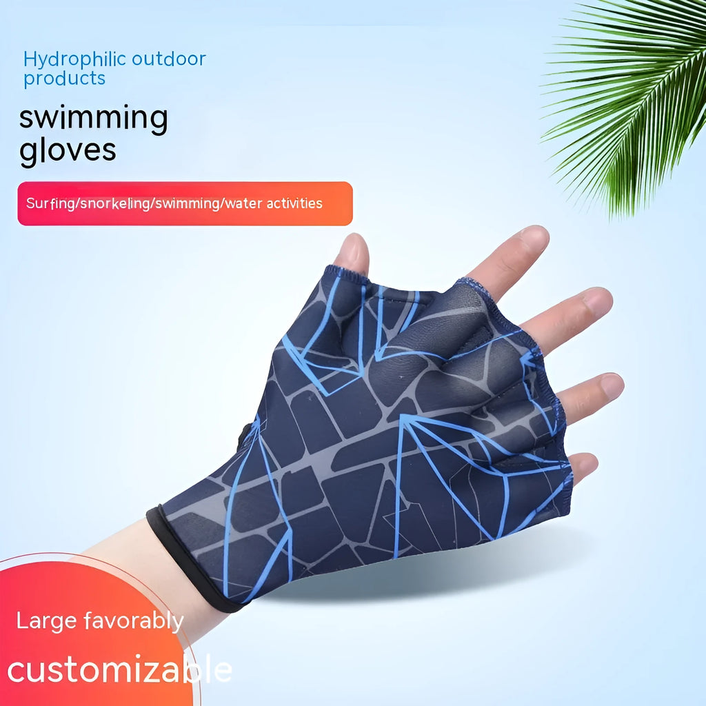 Nylon duck feet webbed swimming gloves in multiple colour prints showing finger webbing design